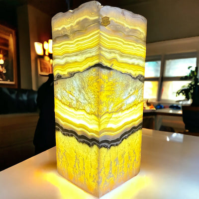 Mexican Onyx Squared Crystal Lamp with Open Top displayed as home decor