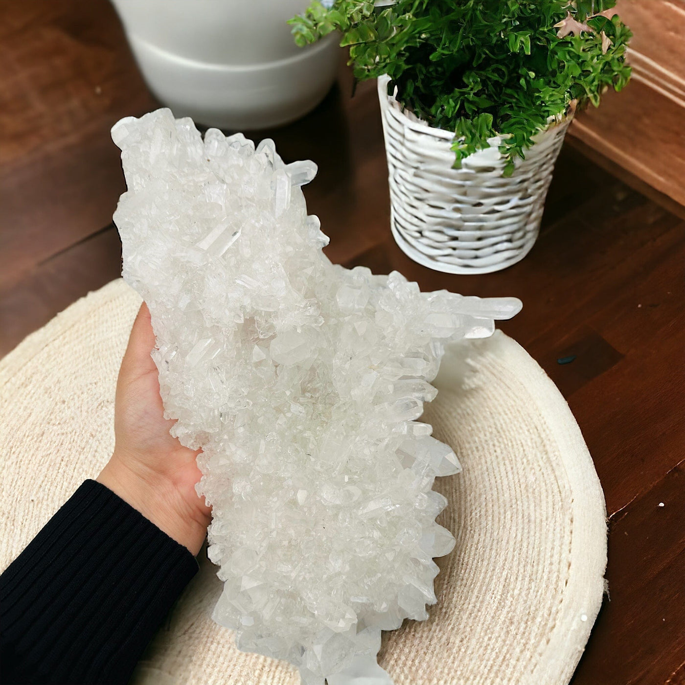 A Grade Crystal Quartz Cluster in hand for size reference 