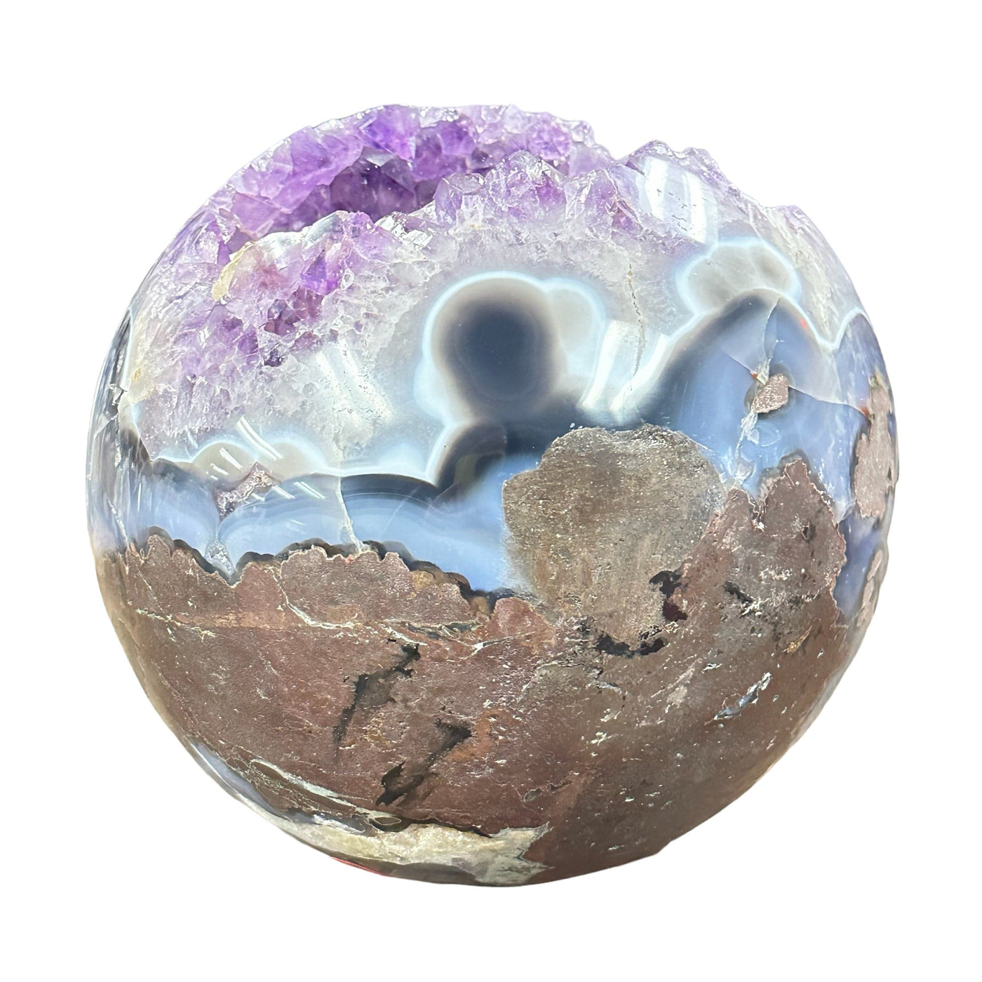 close up of the blue agate on this large sphere 