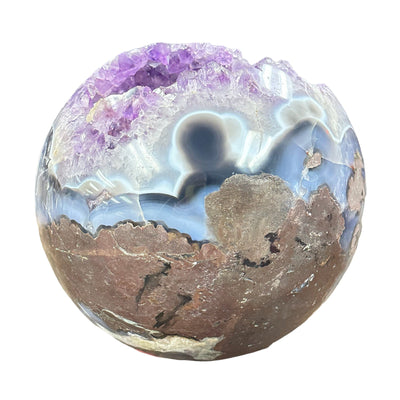 close up of the blue agate on this large sphere 