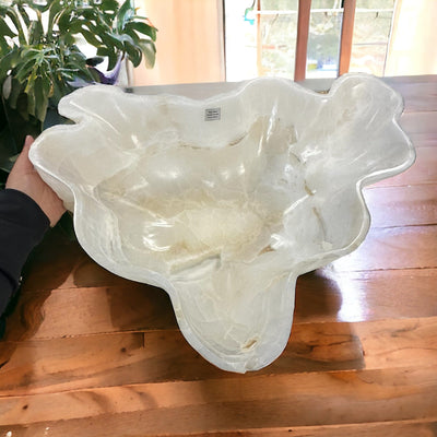 Light Colored Mexican Onyx Freeform Bowl - Large Bowl next to hand for size reference 