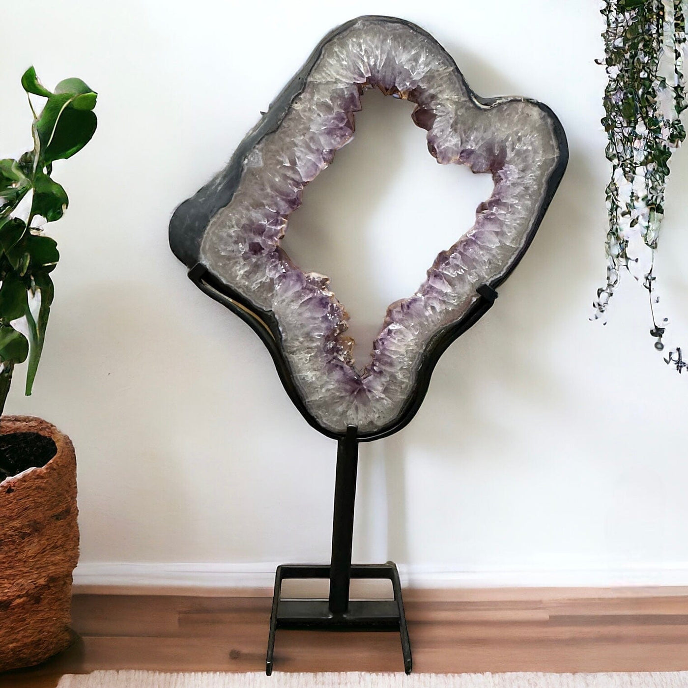 Amethyst Portal with Calcite on Metal Stand displayed as home decor 