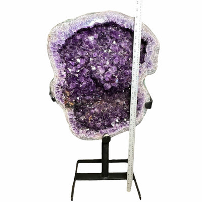 Amethyst Cluster on Rotating Metal Stand - Large Crystal Decor next to ruler for size reference 