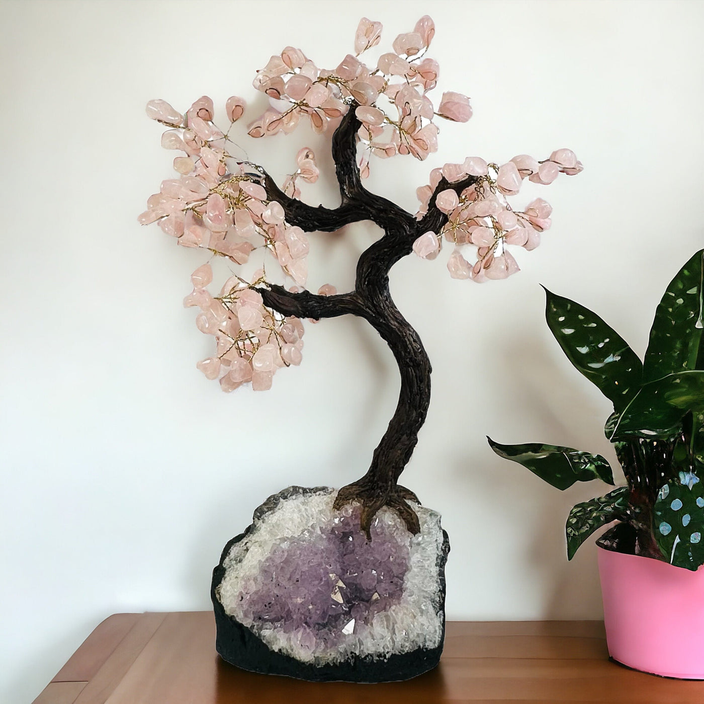 rose quartz tree displayed as home decor