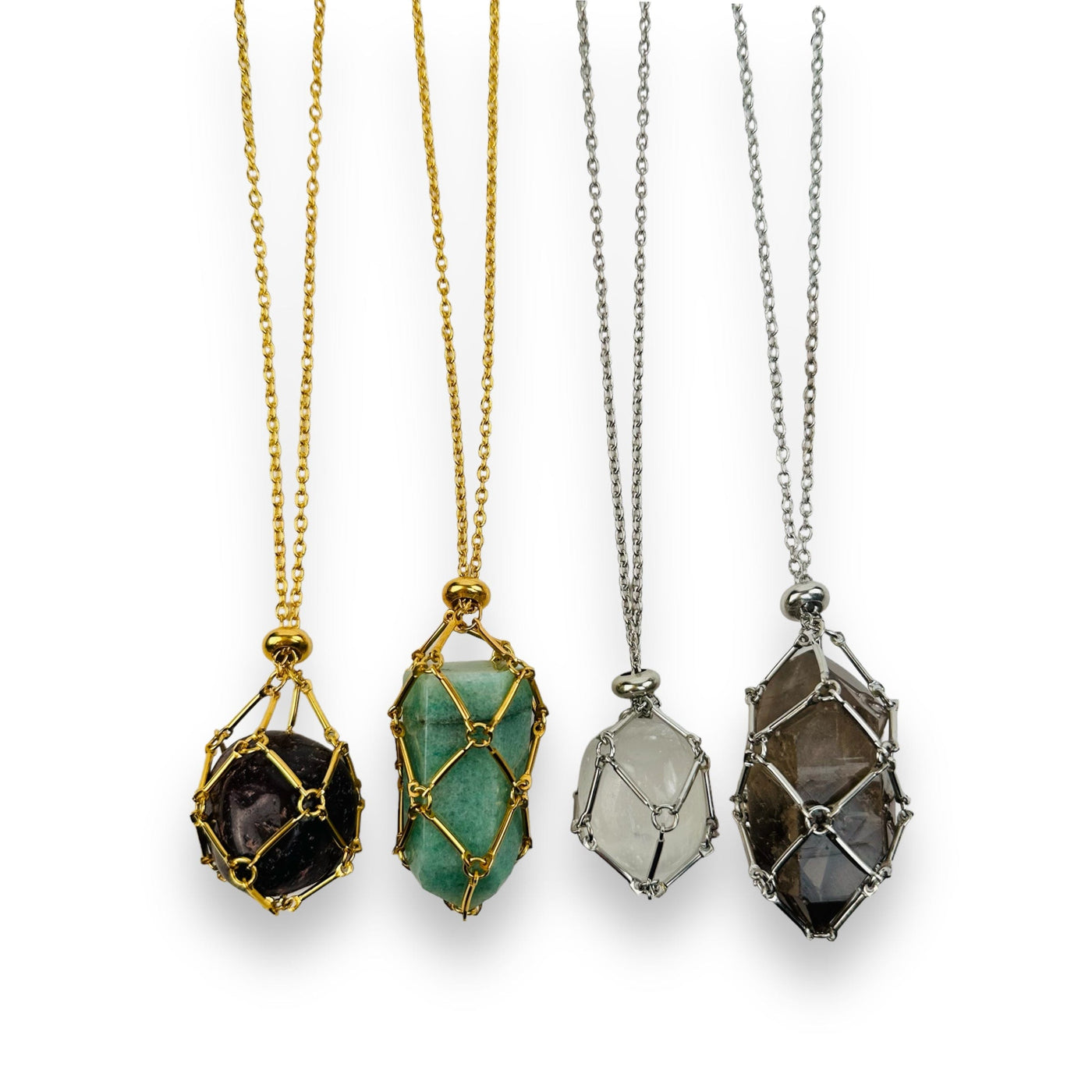 necklaces displayed with a crystal inside 