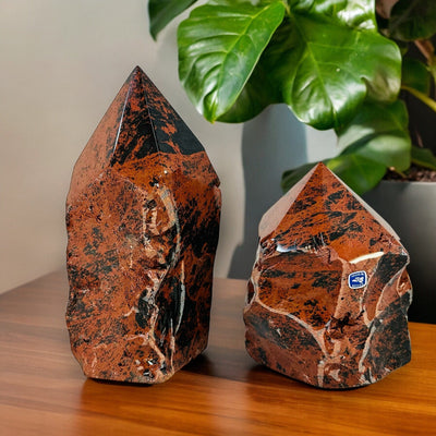 Mahogany Obsidian Crystal Semi Polished Cut Base points displayed as home decor 