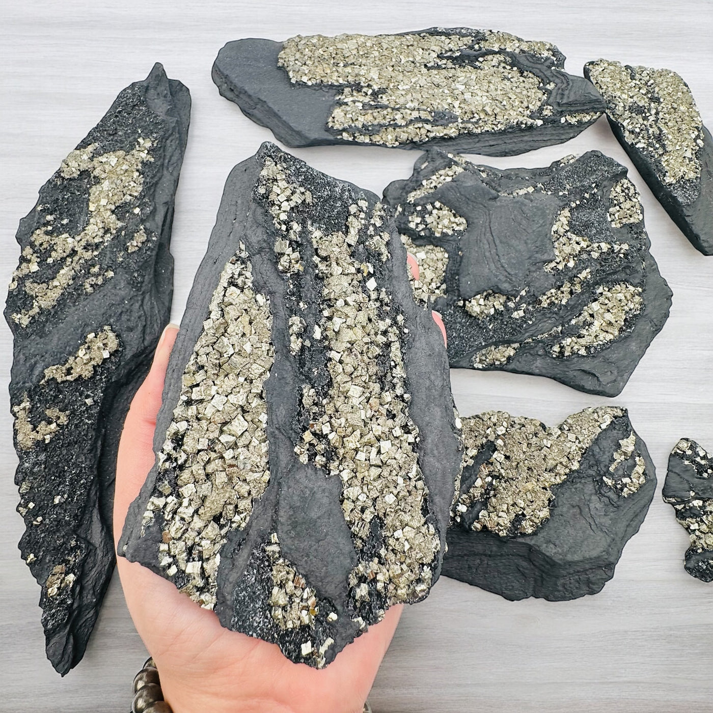 Pyrite on Basalt Matrix in hand for size reference 