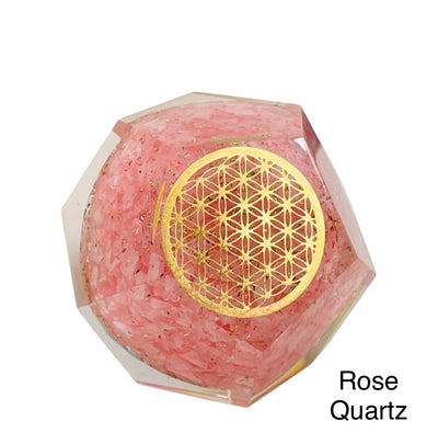 Crystal Orgone Dodecahedron with Flower of Life available in rose quartz