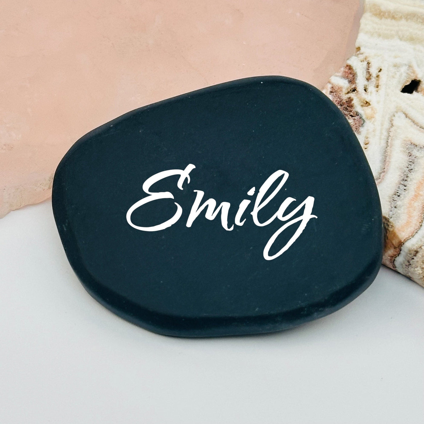 close up of the details on this crystal obsidian place card