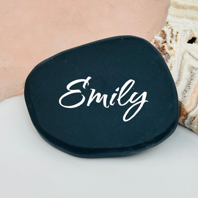 close up of the details on this crystal obsidian place card