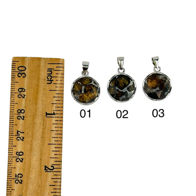 pendants next to a ruler for size reference 