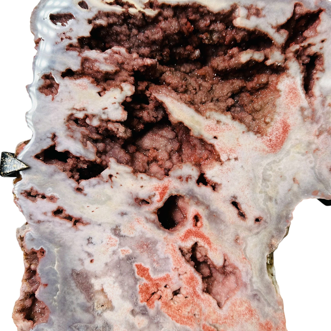 close up of the pink amethyst druzy on this natural crystal