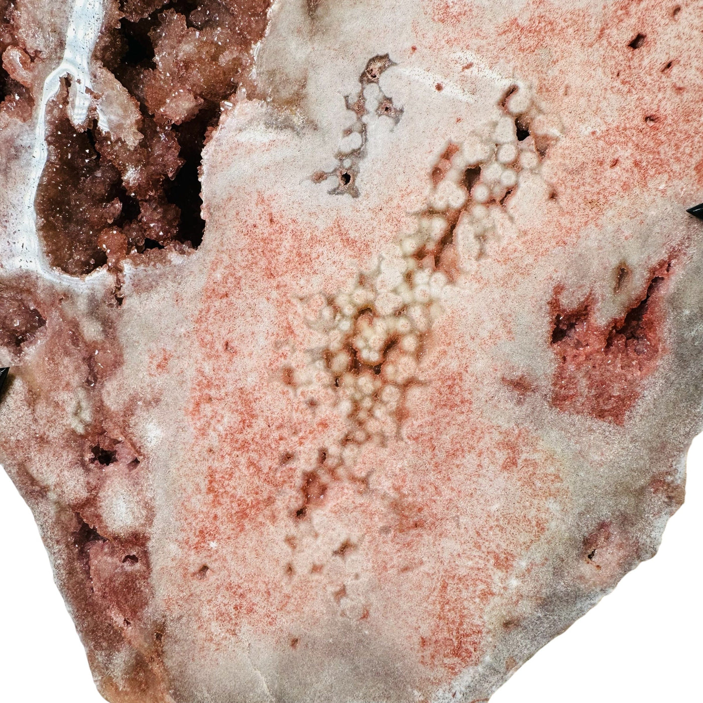 close up of the pink amethyst druzy crystals 