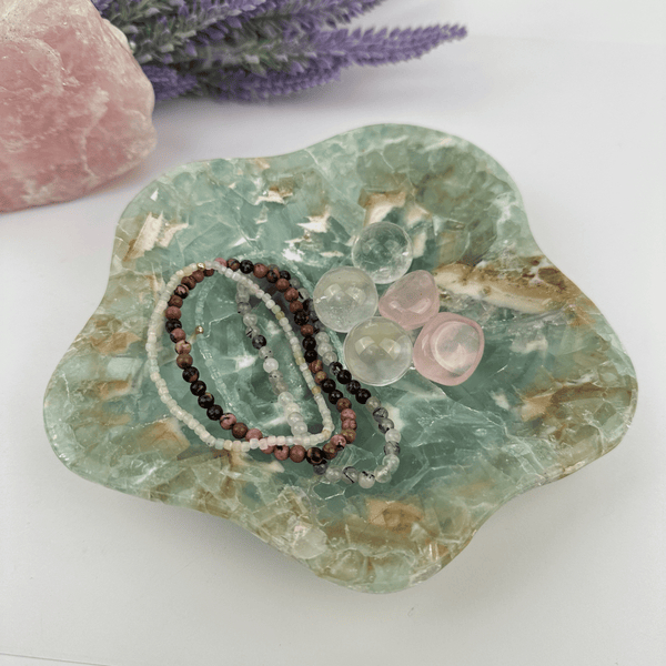 Crystal Fluorite Mexican Onyx Freeform Bowl can be used to hold bracelets and pocket stones 
