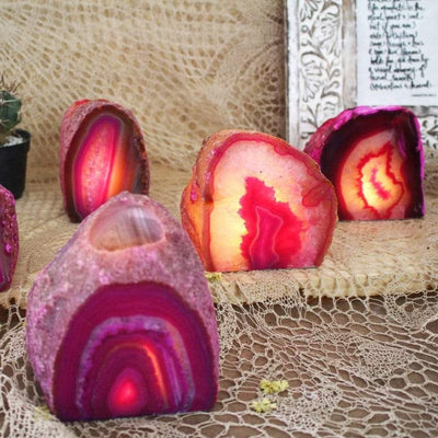 Agate Candle Holders lit up in pink