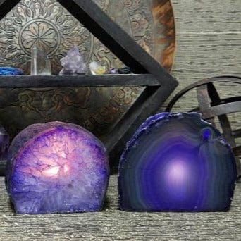 Agate Candle Holders in purple with candle lit