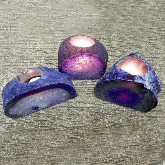 Purple Agate Candle Holders shown from top view with candles lit