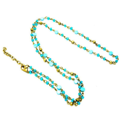 Antiqued Gold Toned Beaded Necklace - Finished 30" Blue Beads with Gold Toned lobster clasp