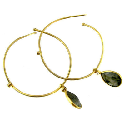 one pair of gold over sterling hoop earrings with labradorite teardrop gemstones.