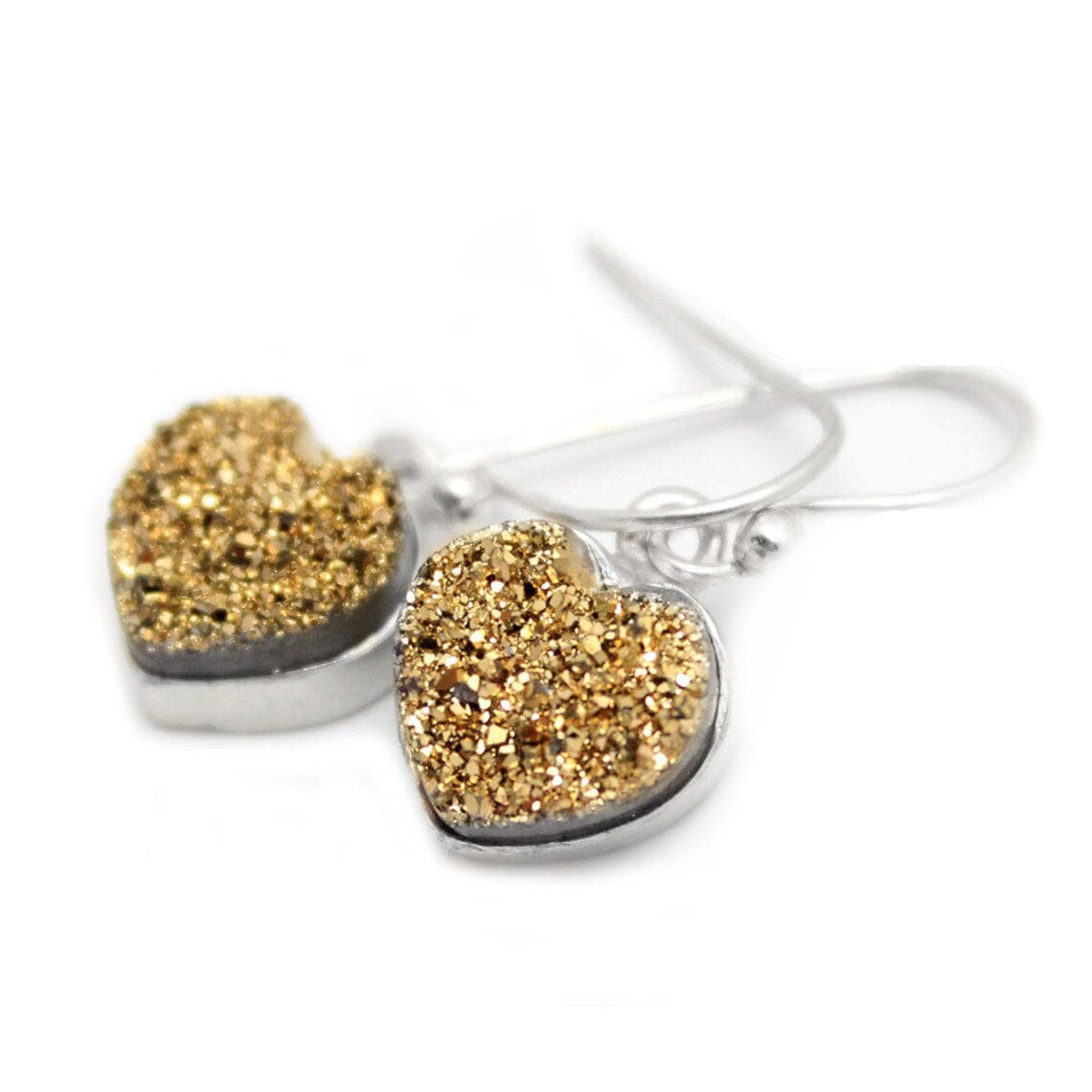 Shimmer Druzy Heart Earrings in Silver and Gold Plated Sterling Bezels and Ear Wires in silver with gold druzy