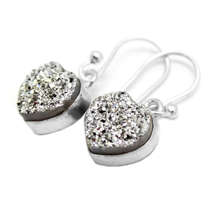 Silver Shimmer Druzy Heart Earrings in Silver and Gold Plated Sterling Bezels and Ear Wires with silver druzy