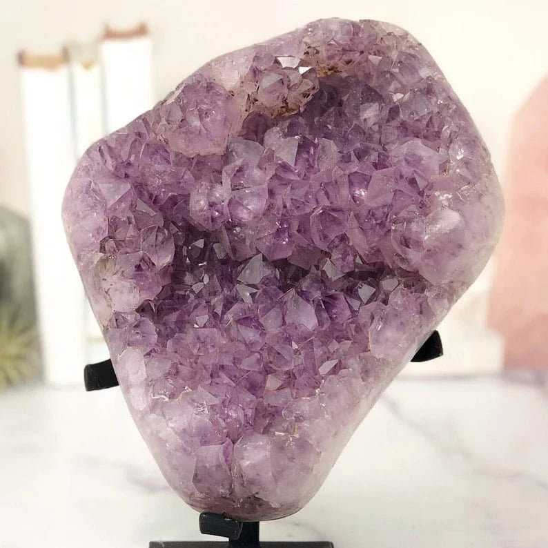 Amethyst Crystal Cluster on Metal Stand  up closer