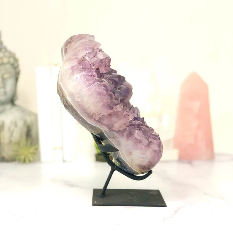 Amethyst Crystal Cluster on Metal Stand  side view showing thickness
