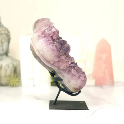 Amethyst Crystal Cluster on Metal Stand  side view showing thickness