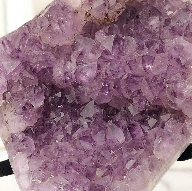 Amethyst Crystal Cluster on Metal Stand  up close of crystals