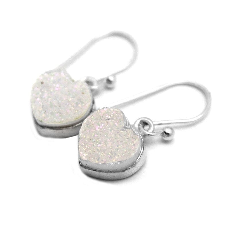Shimmer Druzy Heart Earrings in Silver and Gold Plated Sterling Bezels and Ear Wires in silver with shimmer druzy