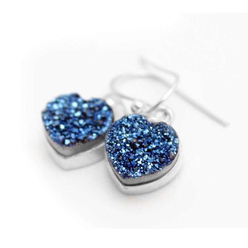 Shimmer Druzy Heart Earrings in Silver and Gold Plated Sterling Bezels and Ear Wires in silver and blue