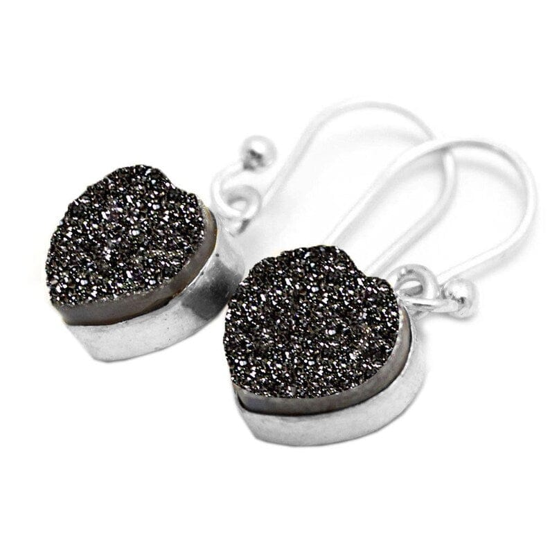 Shimmer Druzy Heart Earrings in Silver and Gold Plated Sterling Bezels and Ear Wires in silver with black diamond druzy