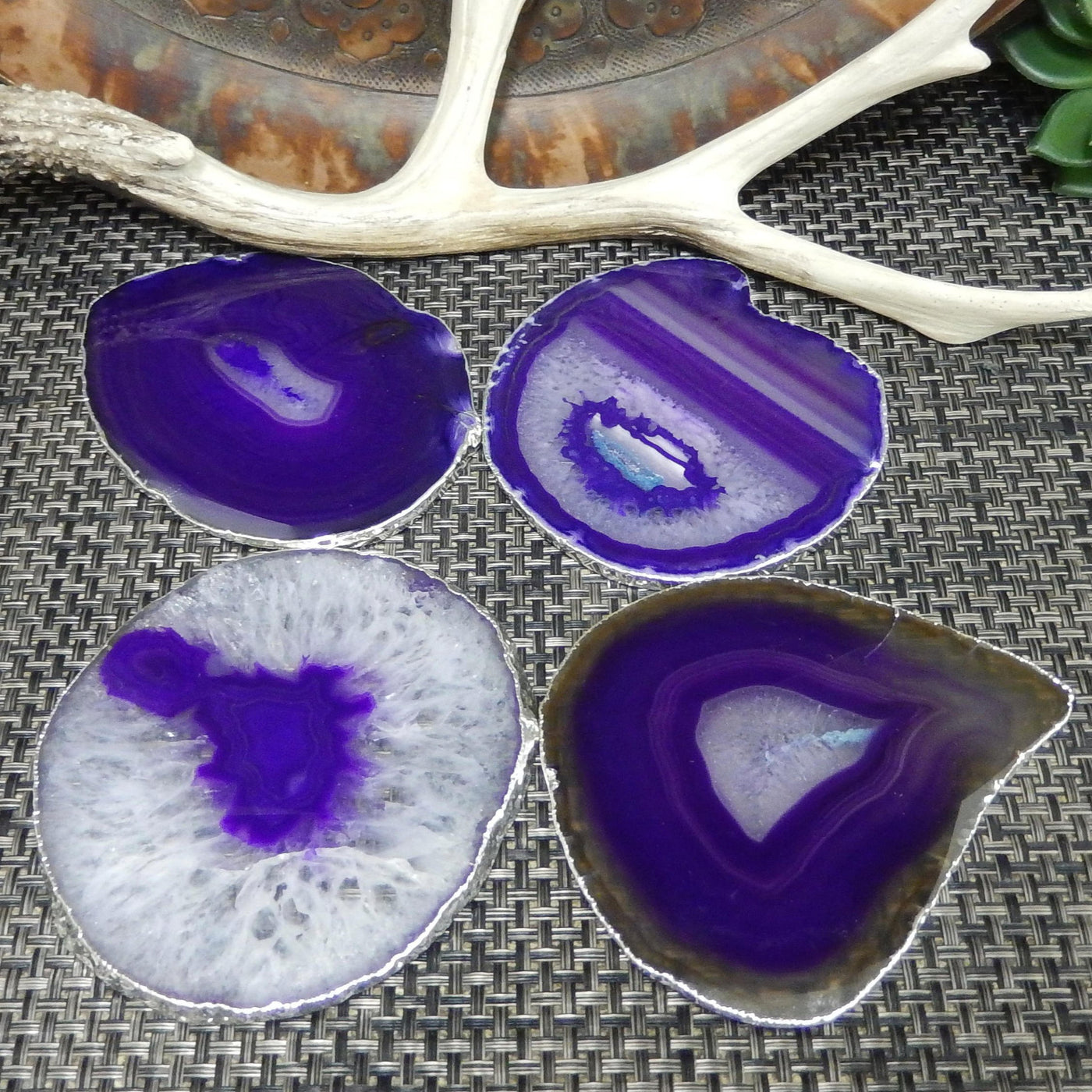 Set of 4 purple agate slice coasters with a silver electroplated edge