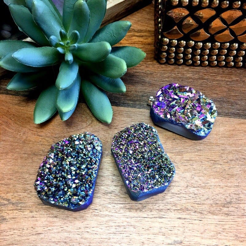  Mystic Druzy  Freeform Crystal Pendants shown in rainbow finish