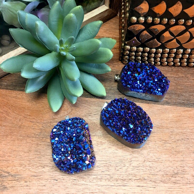  Mystic Druzy  Freeform Crystal Pendant shown in mystic blue finish