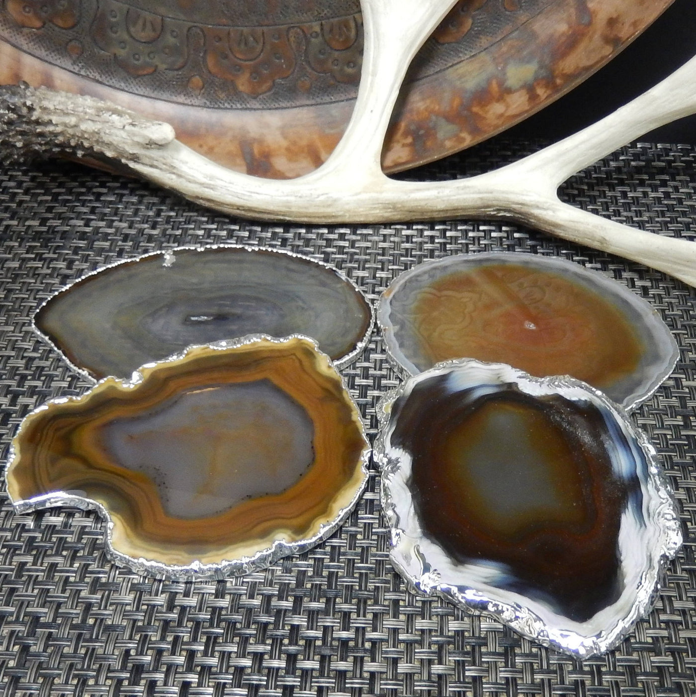 4 brown/black agate coasters with silver electroplate edging