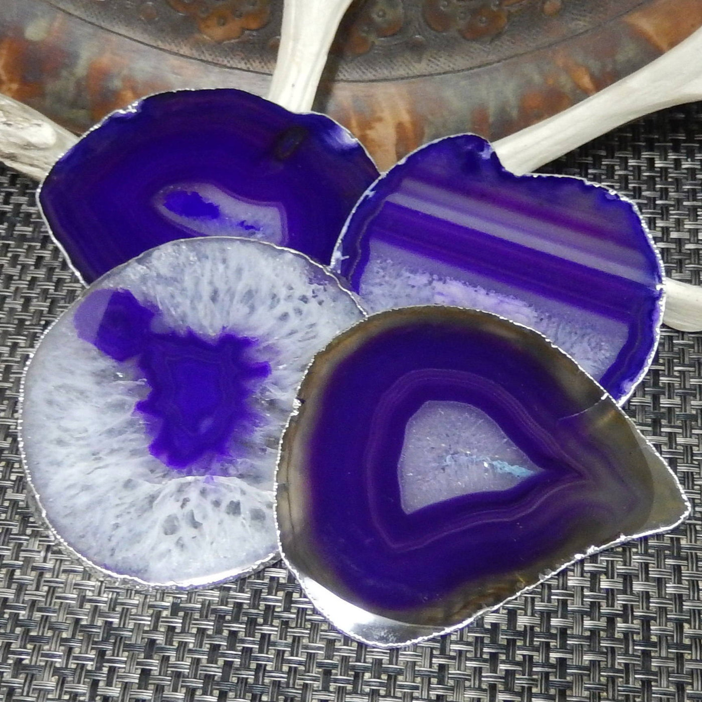 Set of 4 purple agate slice coasters with a silver electroplated edge