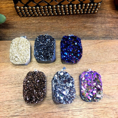  Mystic Druzy  Freeform Crystal Pendants shown in the colors available
