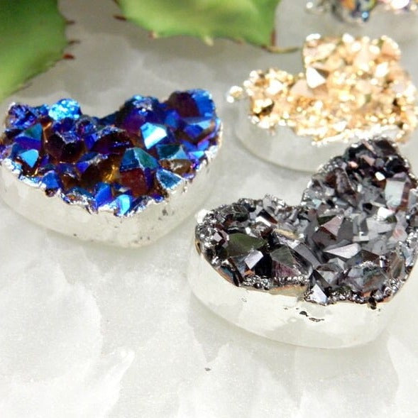Mystic Druzy Heart Double Bail Pendants from a side view showing thickness