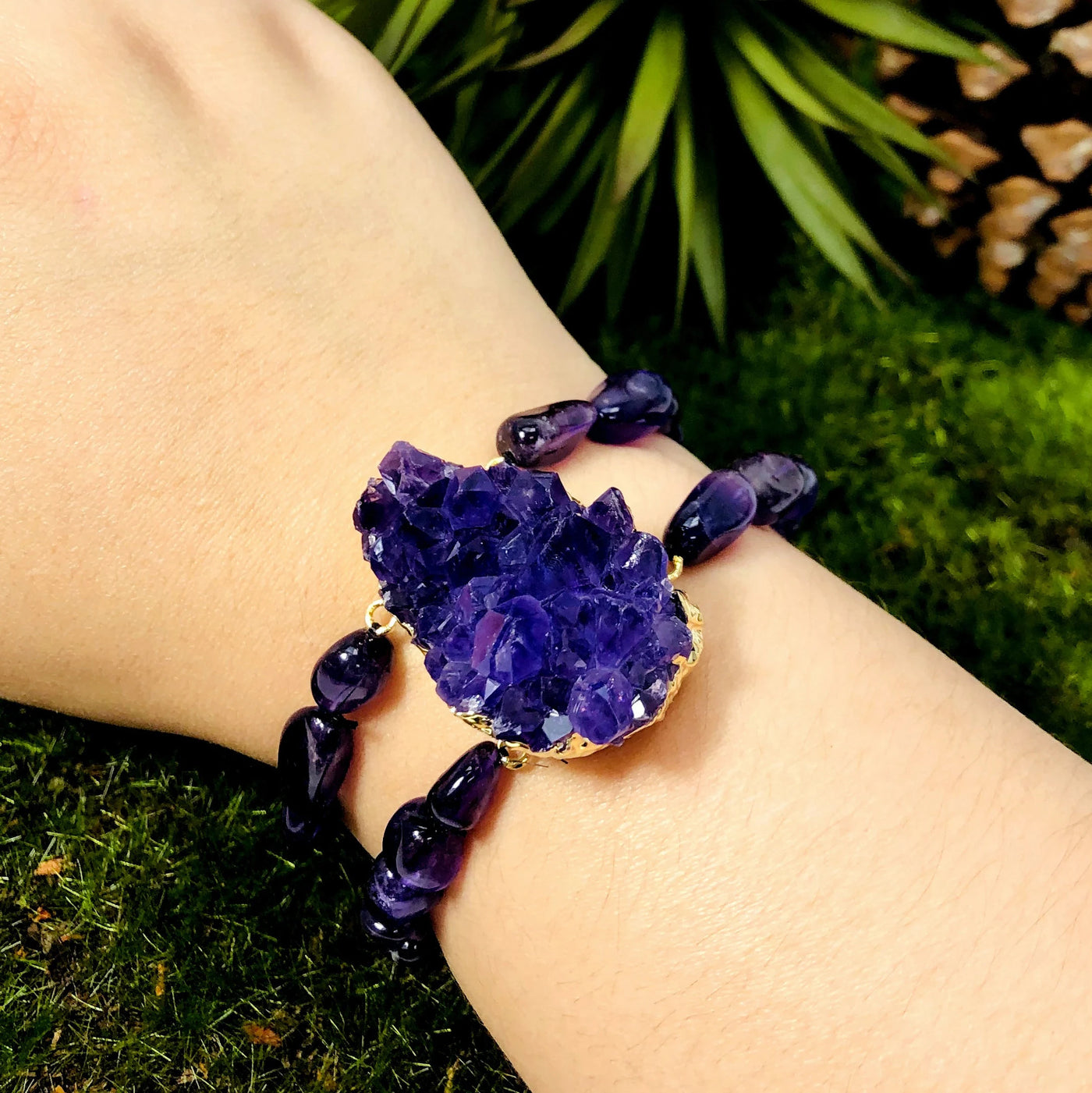 amethyst bracelet with decorations in the background