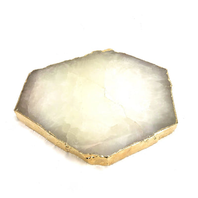 Crystal Quartz Platter - Stone Slab - Gold Electroplated Edge