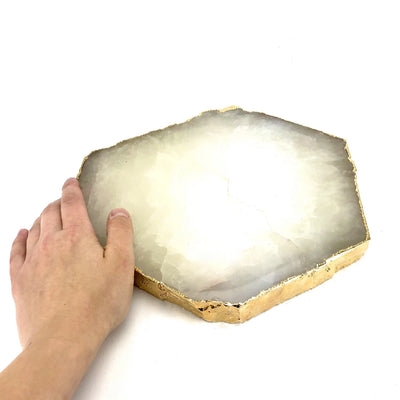 Crystal Quartz Platter - Stone Slab - Gold Electroplated Edge with a hand for size reference