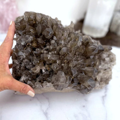 Smoky Quartz Cluster  up close with a hand for size reference