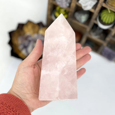 rose quartz with decorations in the background