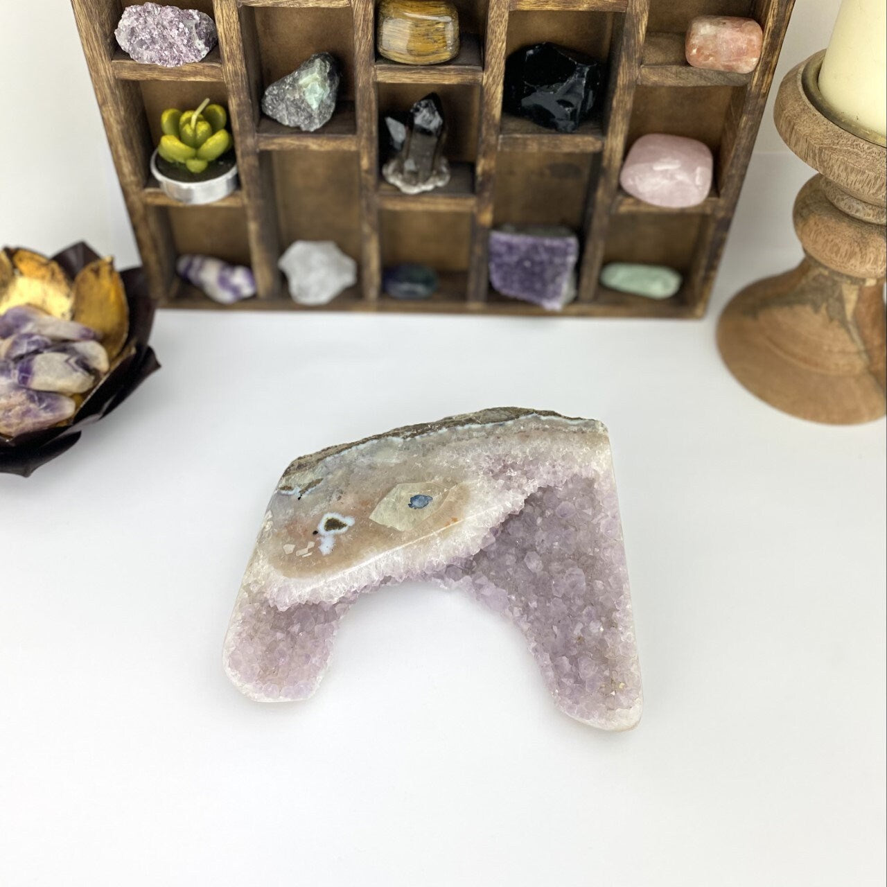 amethyst with decorations in the background