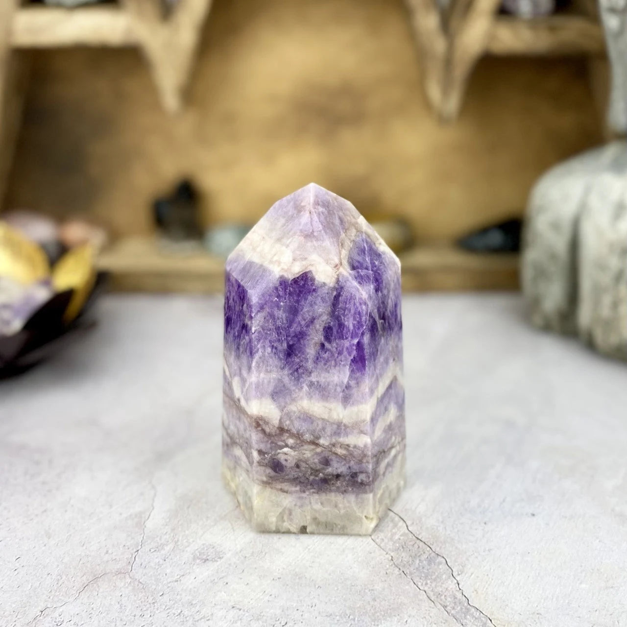 amethyst with decorations in the background