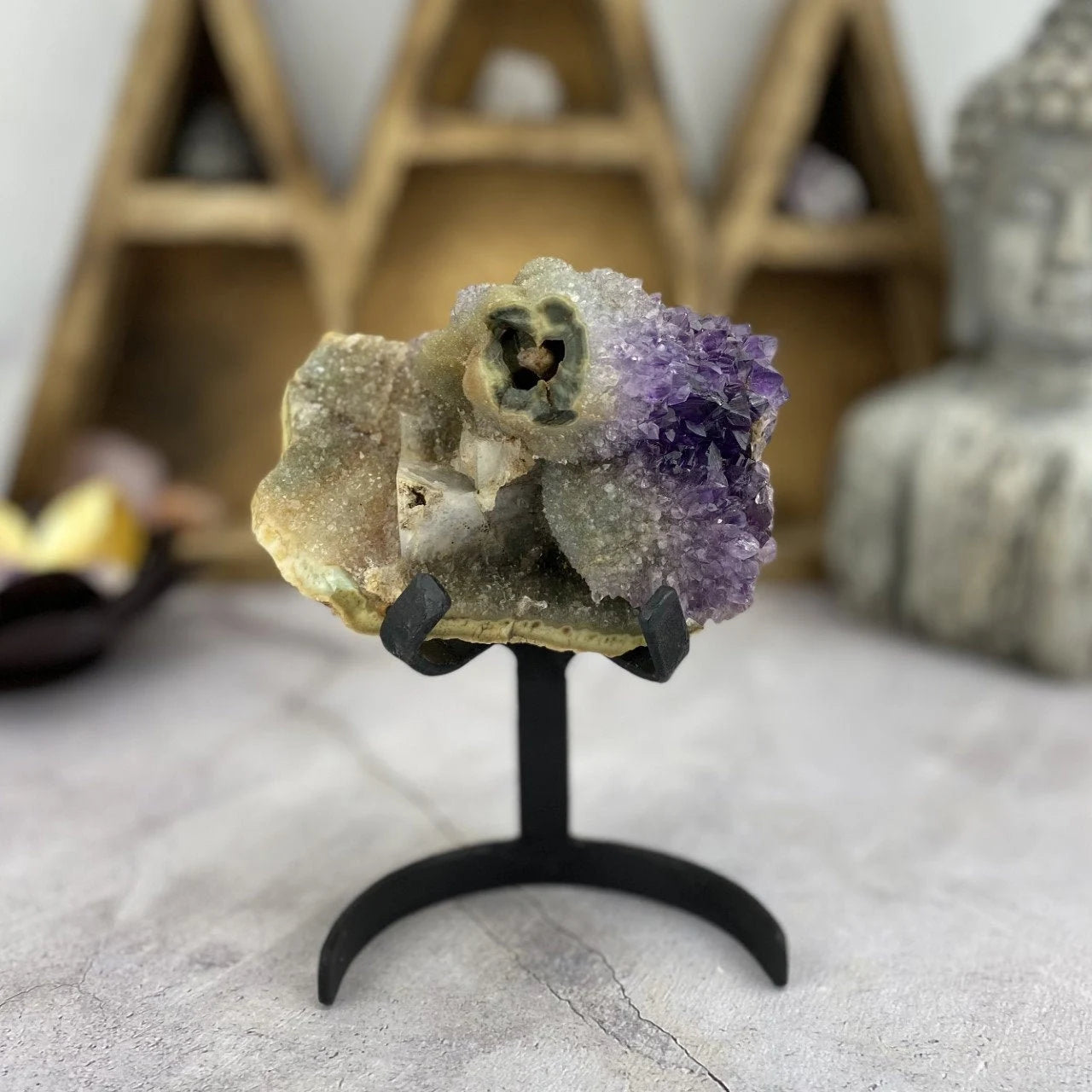 amethyst with decorations in the background