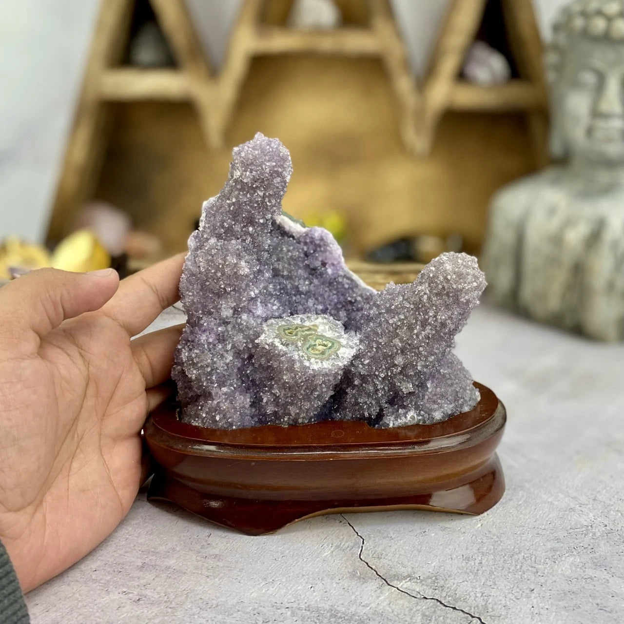 amethyst with decorations in the background