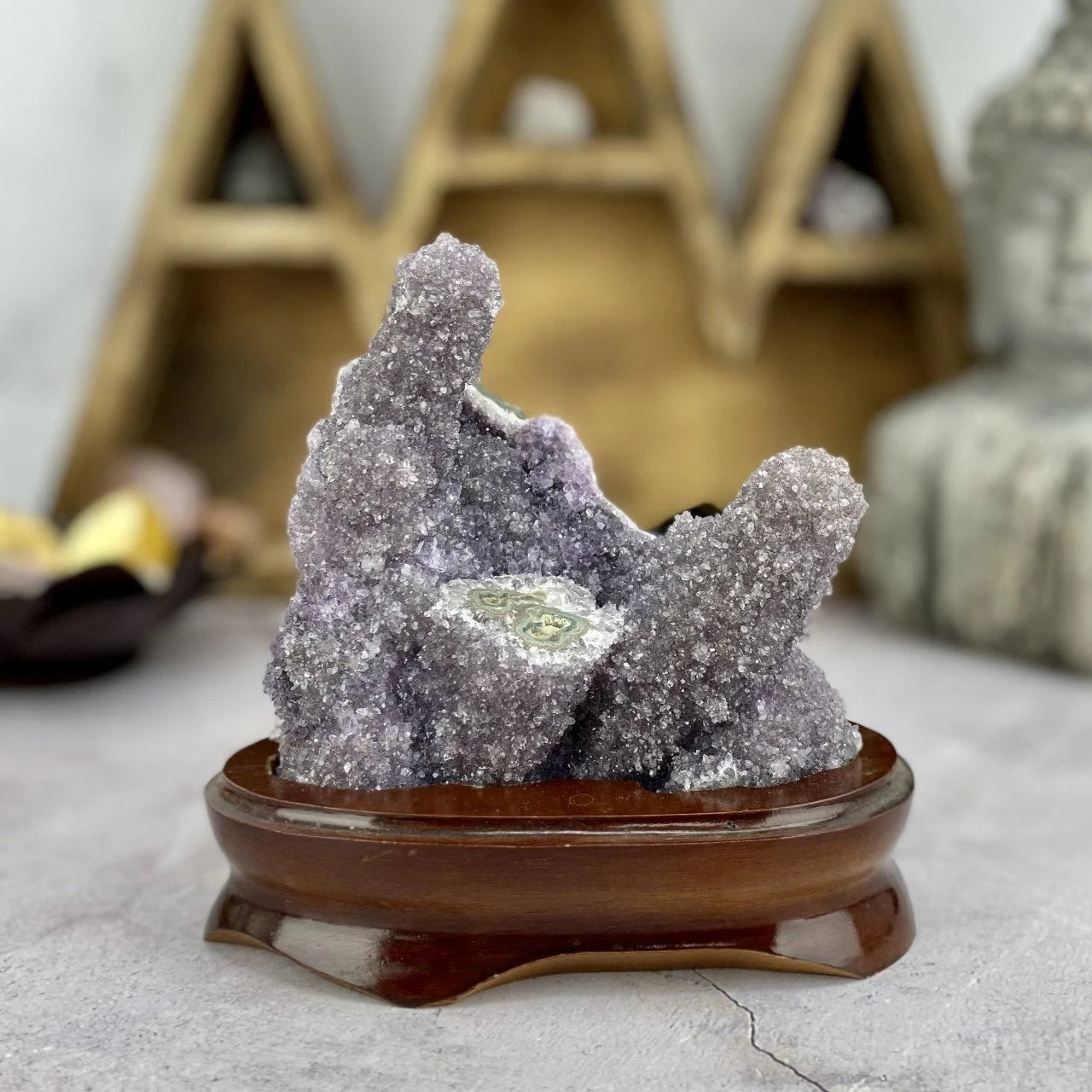 amethyst with decorations in the background