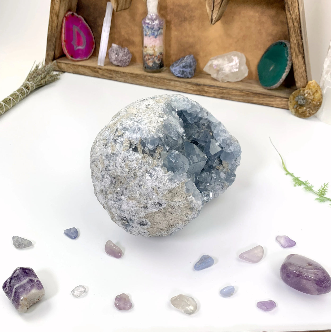 celestite with decorations in the background